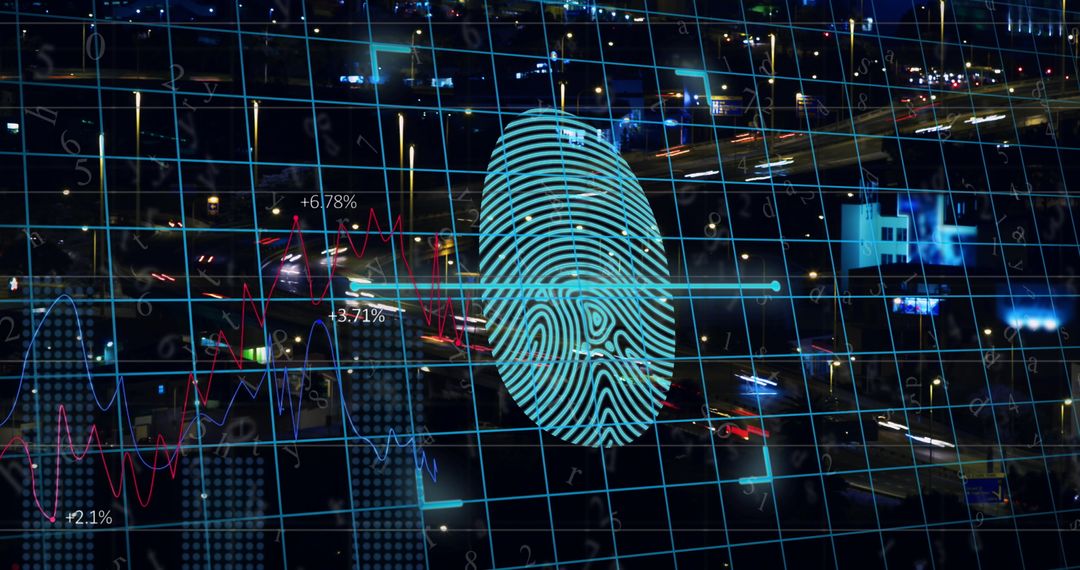 Digital Fingerprint Overlay on Urban Cityscape Background