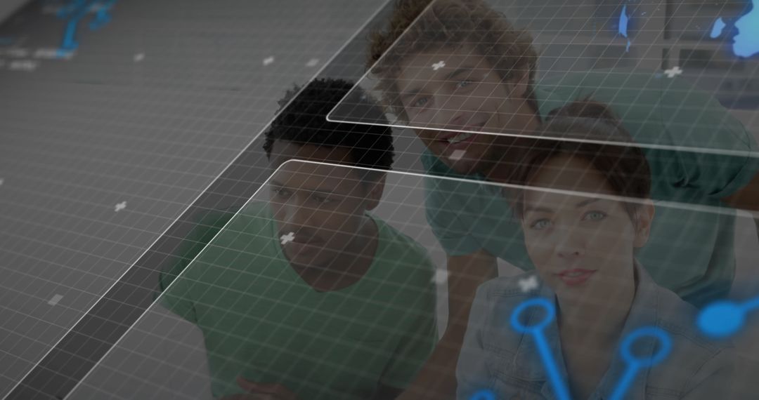 Tech Professionals Analyzing Digital Data with Network Nodes