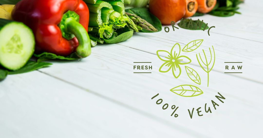 Fresh Organic Vegetables with Vegan Label on Wooden Surface
