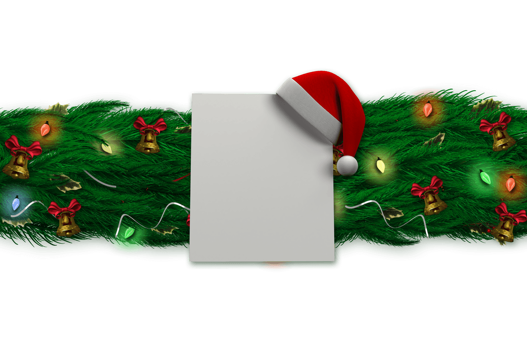 Transparent Background Decorated Garland with Christmas Ornaments and Santa Hat