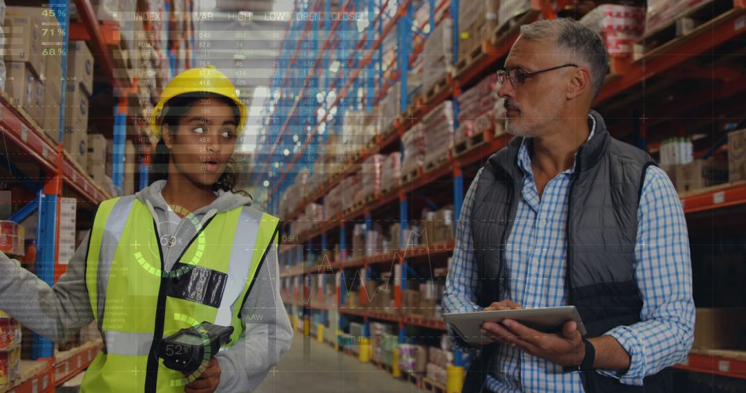 A warehouse manager takes inventory alongside a colleague with digital data displayed. - Free Images, Stock Photos and Pictures on Pikwizard.com