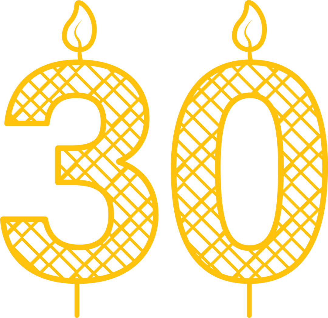 Yellow Number 30 Birthday Candles on Transparent Background