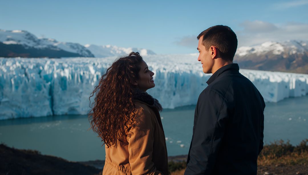 Couple Gazing Over Turquoise Glacial Lake and Icefield with Snowcapped Mountains