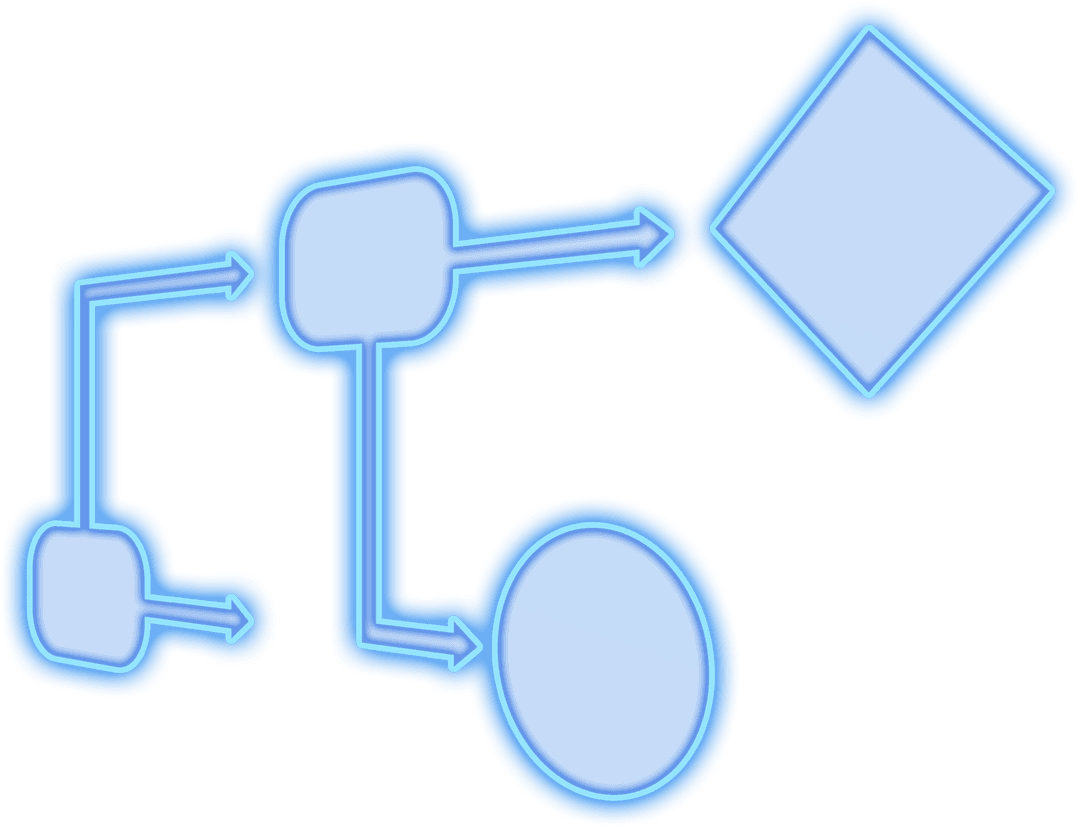 Transparent Flowchart Diagram with Neon Blue Shapes