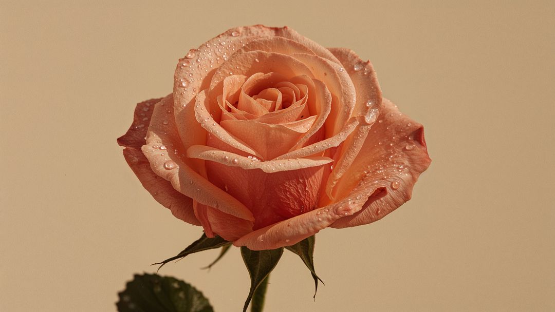 Peach Rose With Dewdrops on Beige Background