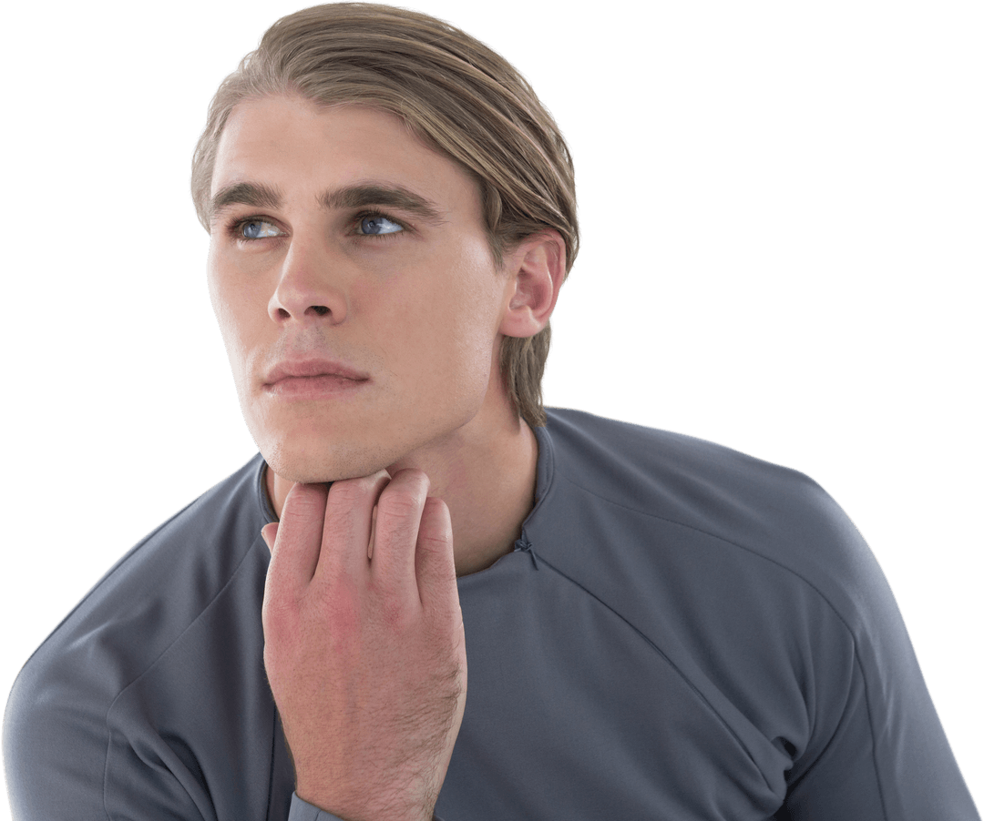 Transparent Thoughtful Businessman Pondering with Hand on Chin