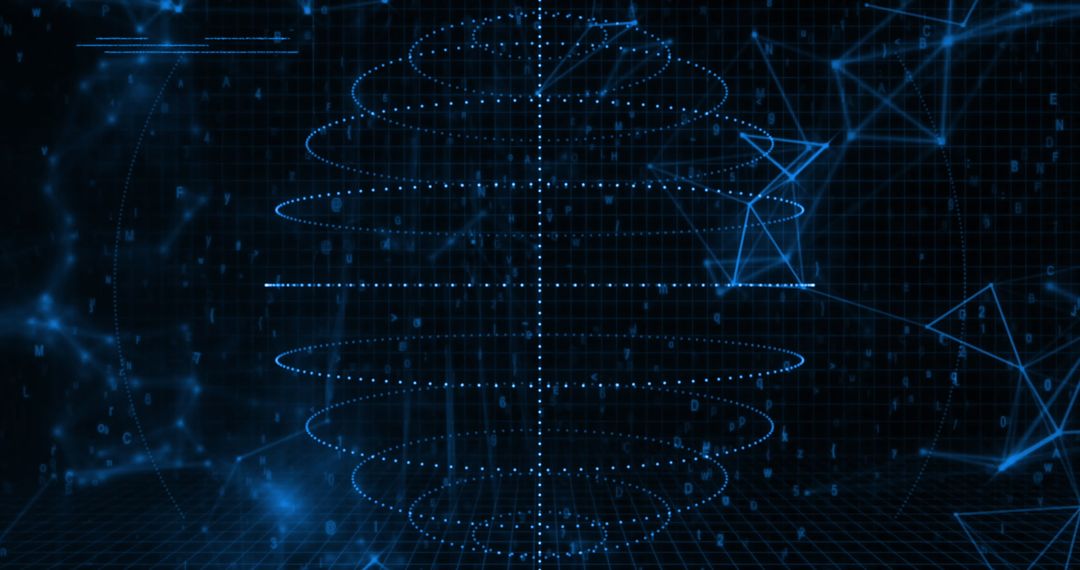 Futuristic Digital Grid with Glowing Spiral and Geometric Shapes