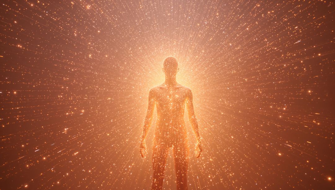Glowing humanoid silhouette radiating golden energy through cosmic particle field and halo