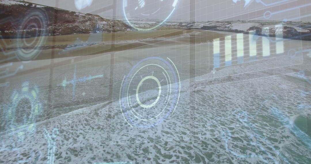 Futuristic Digital Overlay on Coastal Landscape for Environmental Data