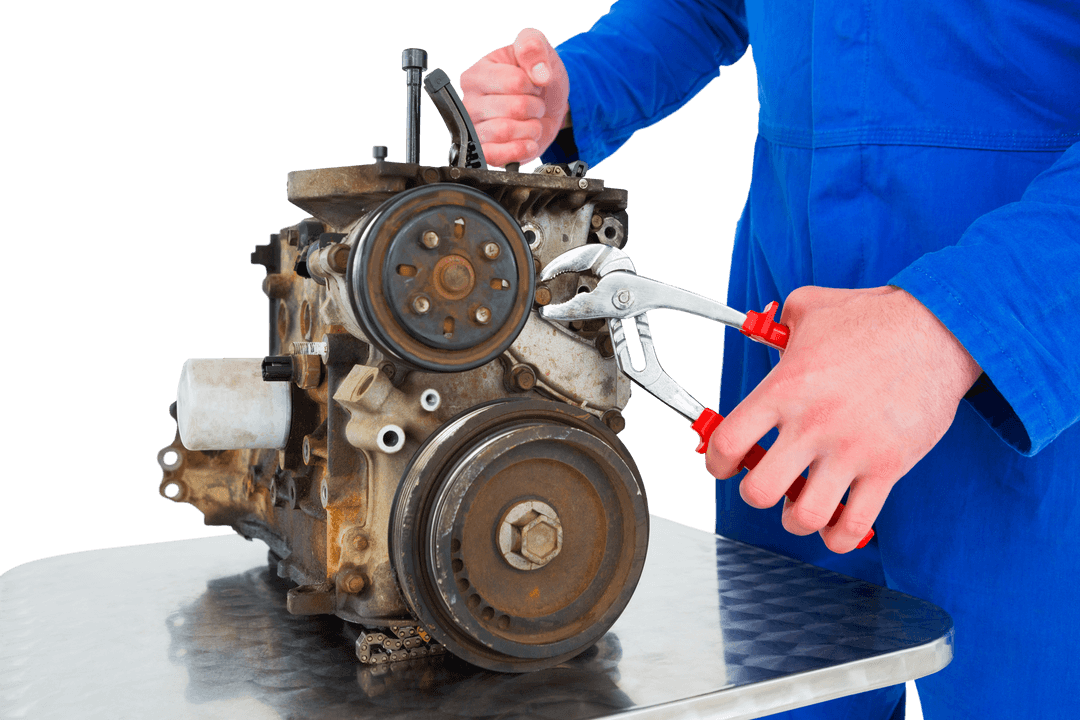 Transparent Close-Up Male Mechanic Fixing Car Engine with Tools