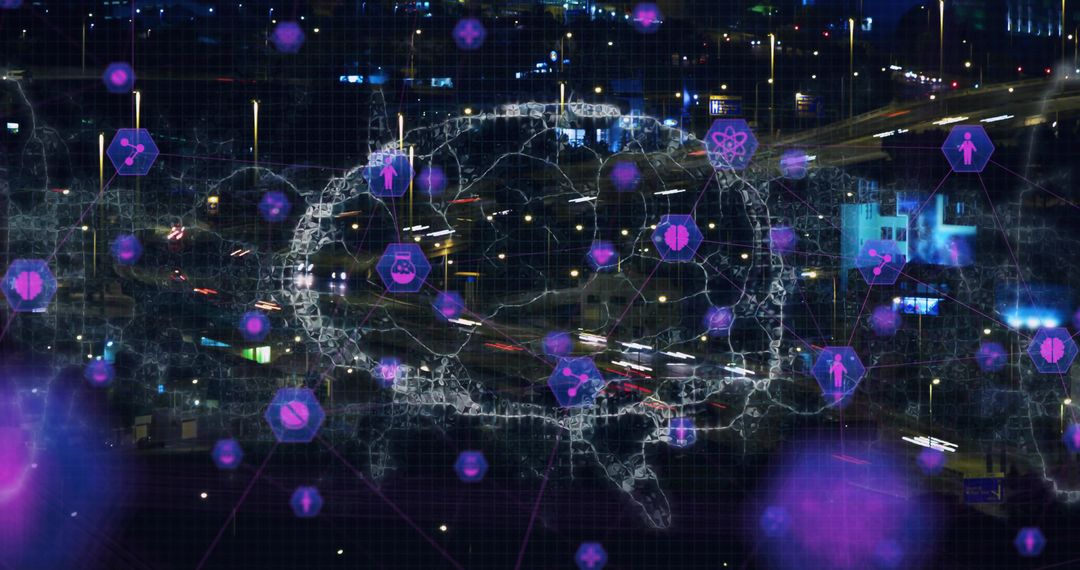 Digital Brain Network Visualization Over Night City with Futuristic Icons