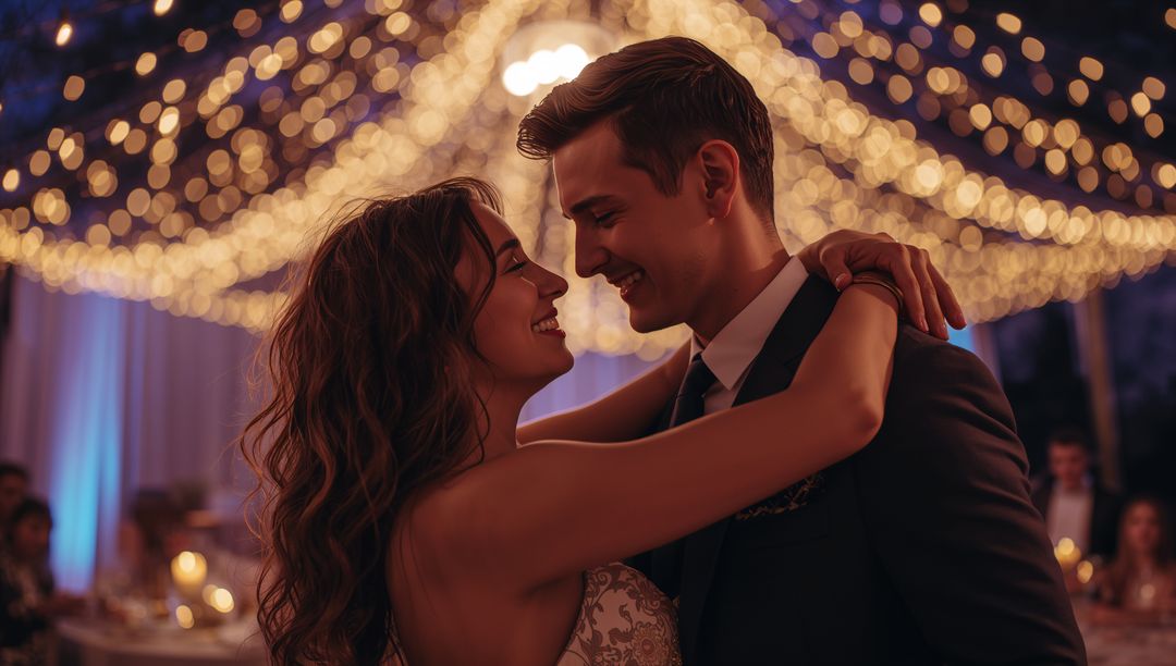Newlyweds Dancing Under Enchanting Canopy of Lights