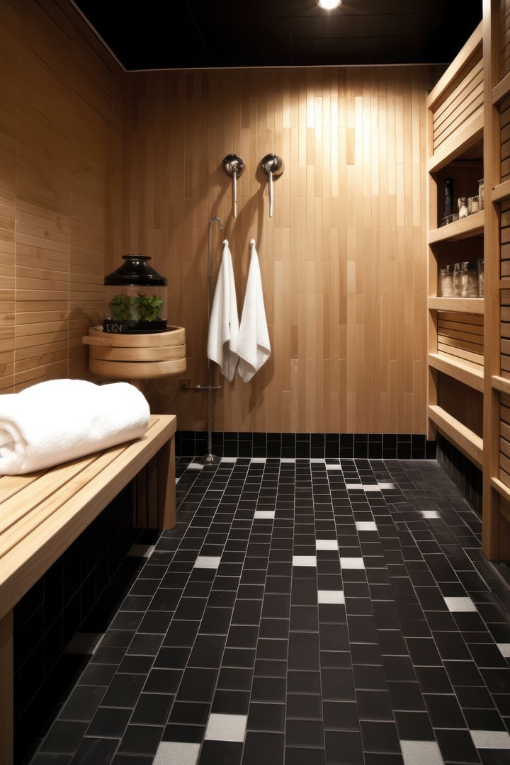 Modern Sauna with Wooden Interior and Hanging Towels - Free Images, Stock Photos and Pictures on Pikwizard.com