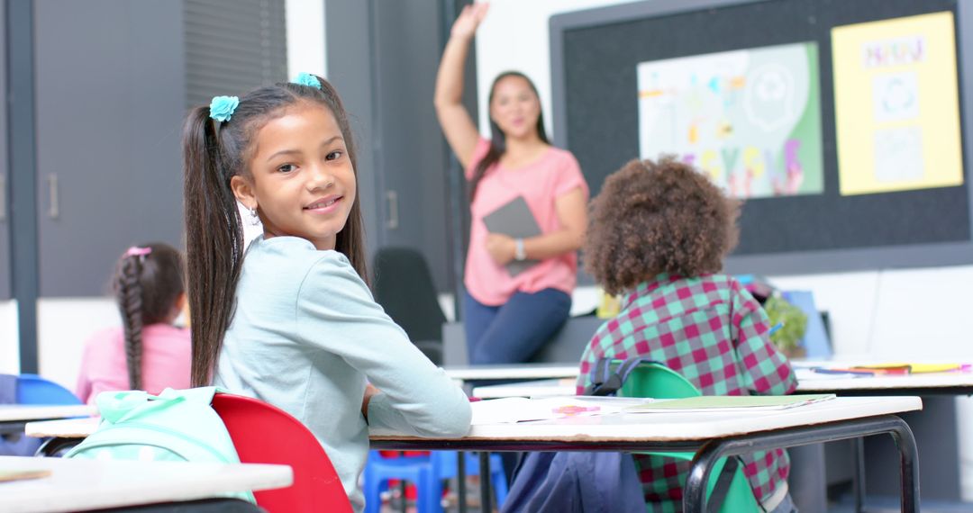 Smiling Schoolgirl in Classroom Engaged with Learning Environment