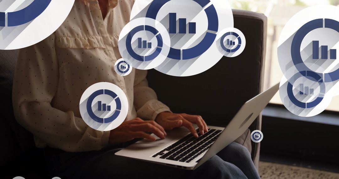 Caucasian Woman Analyzing Data on Laptop with Digital Icons