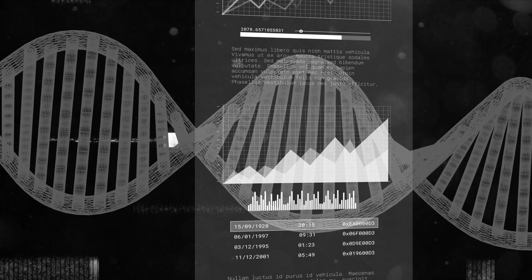 DNA Strand with Data Charts on Scientific Text Background