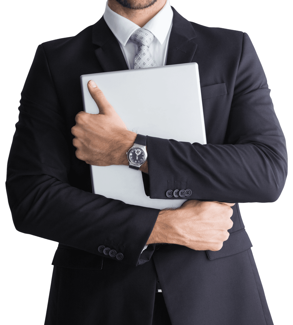 Transparent Midsection Businessman Holding Laptop and Smart Watch