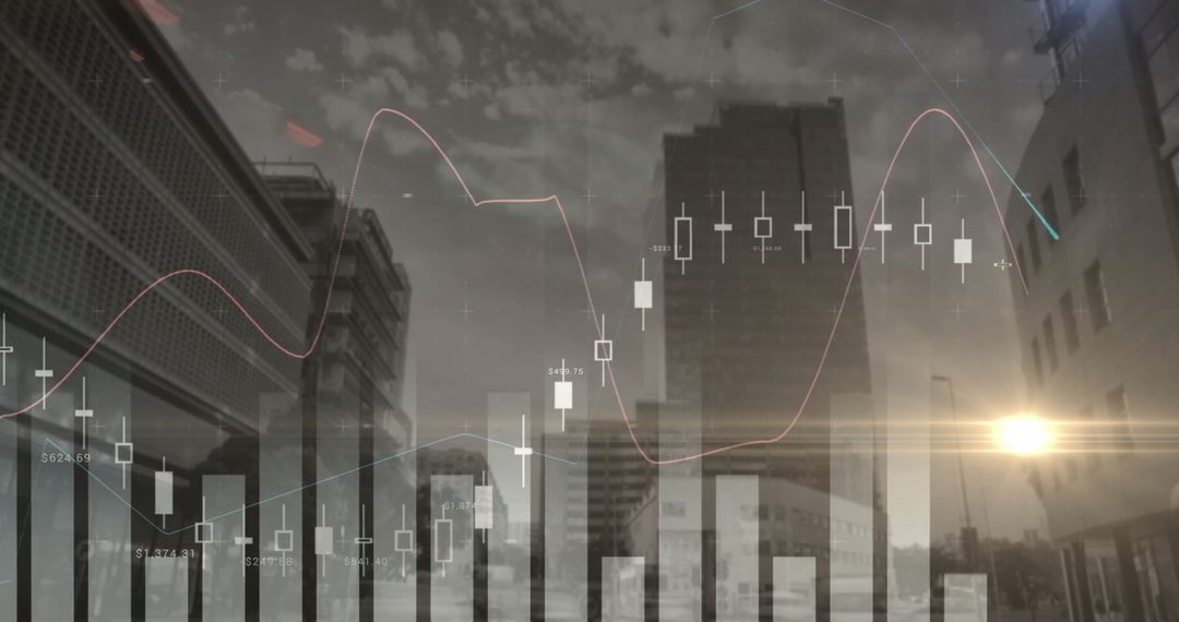 Modern Cityscape with Financial Data Overlay and Graphs