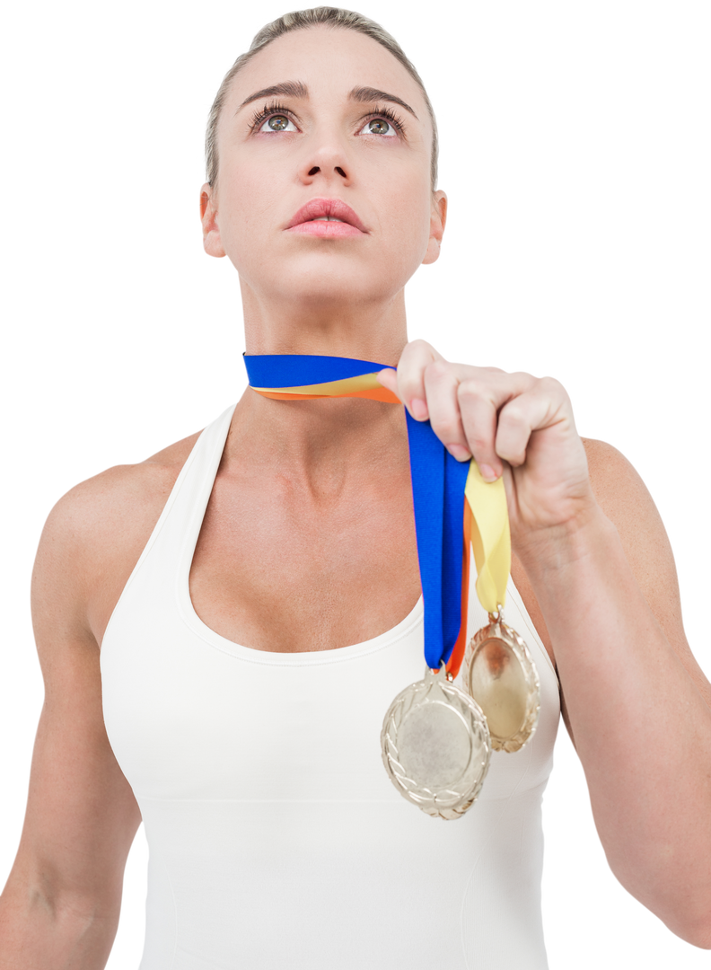 Confident Female Athlete Celebrating Victory with Medals - Download Free Stock Images Pikwizard.com