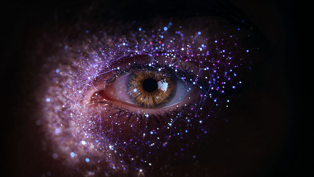 Amber iris surrounded by luminous particle network, futuristic brown eye close-up