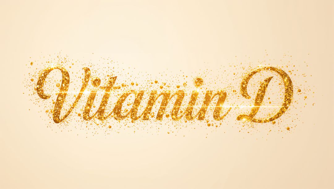 Shimmering Vitamin D Wordmark in Gold Glitter on Warm Beige Gradient