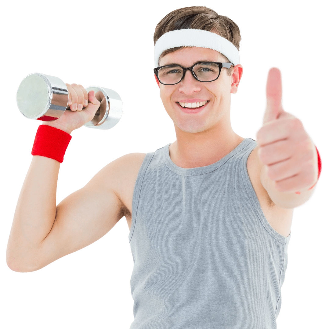 Geeky Hipster in Sportswear Holding Dumbbell Giving Thumbs Up