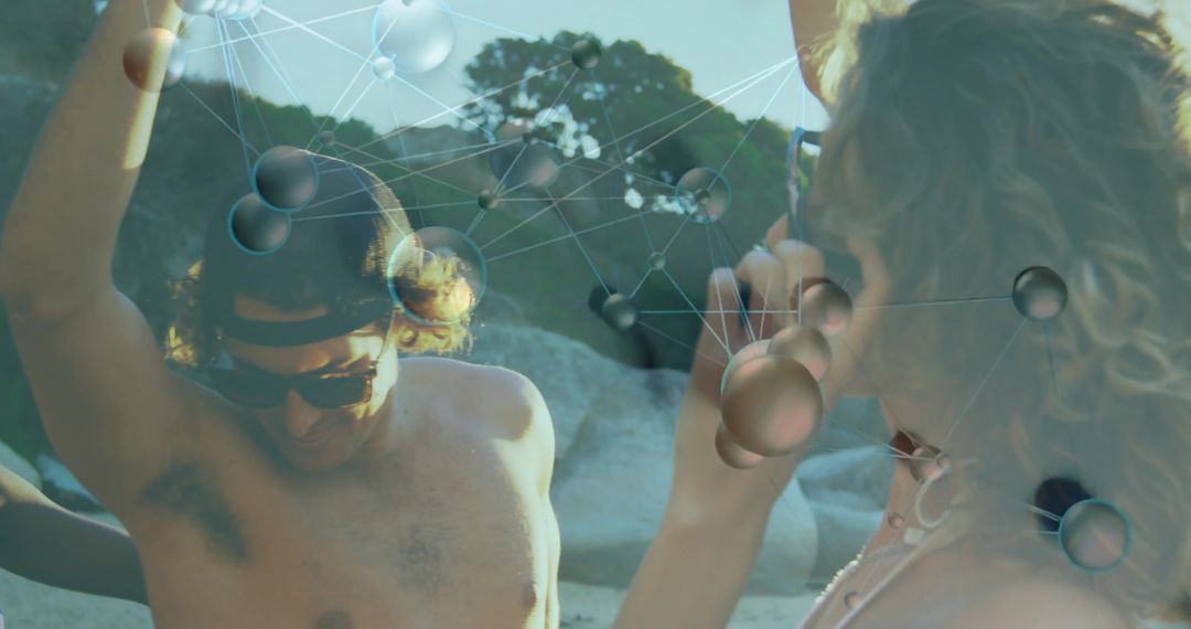 Beach Party Vibes with Futuristic Digital Overlay