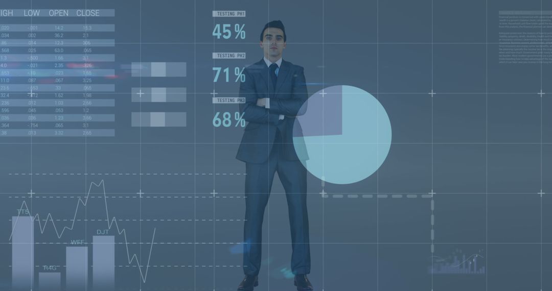 Confident Businessman with Digital Graphs and Data Visualization