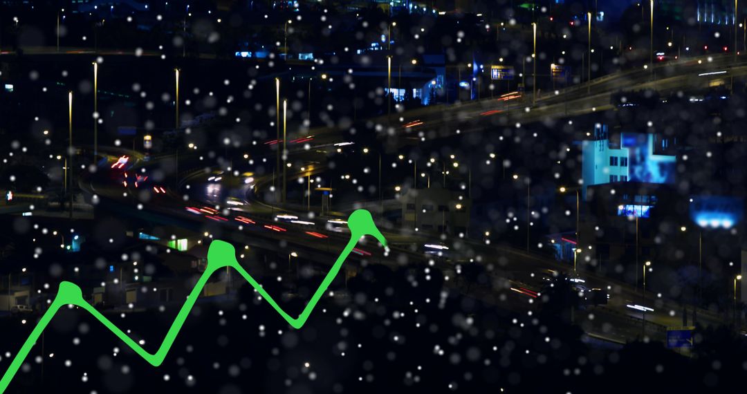 Digital Data Flow with City Lights and Graph Overlay