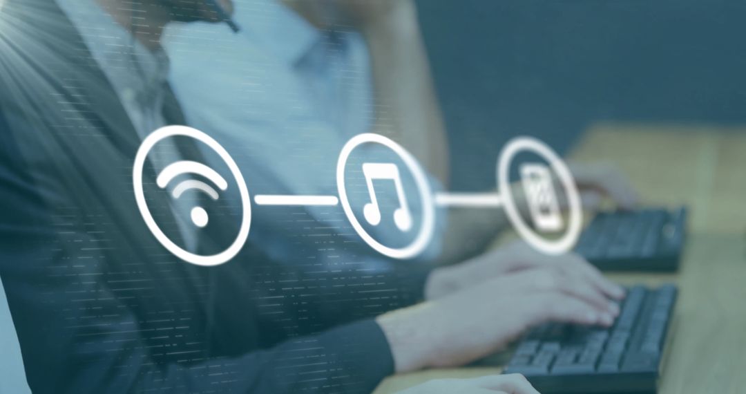 Global Connectivity with Technology Icons Over Busy Office Setting