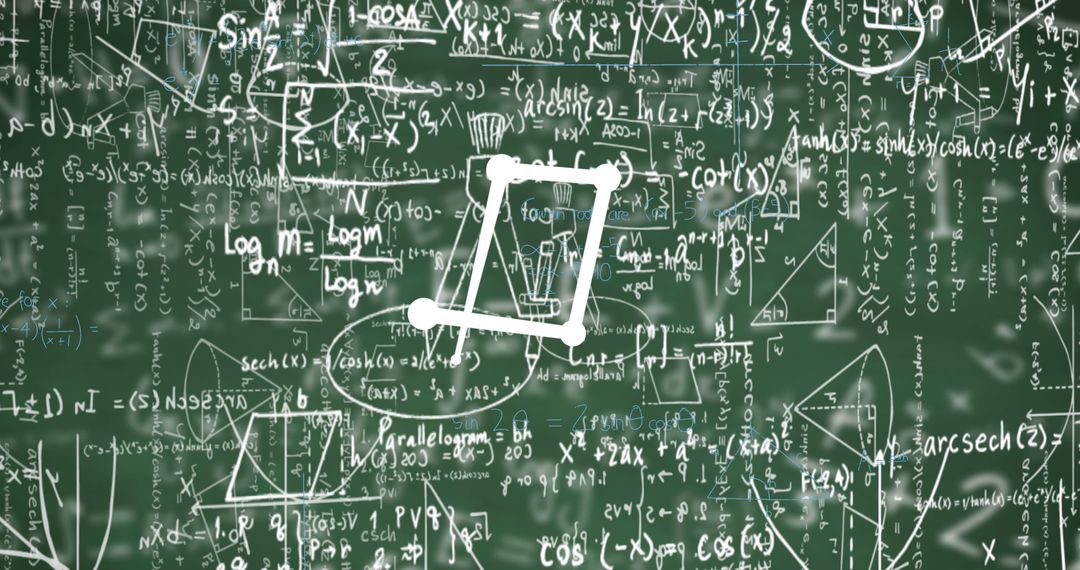 Chalkboard with Mathematical Equations and Diagrams