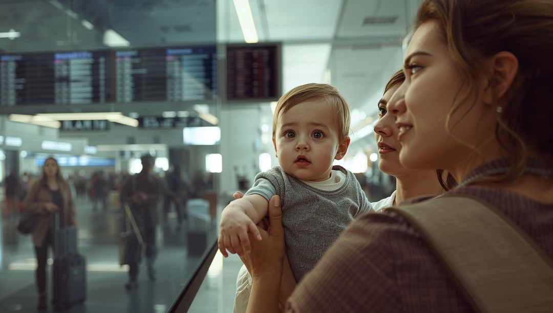 Mother Holding Toddler in Airport Terminal with Flight Information Boards