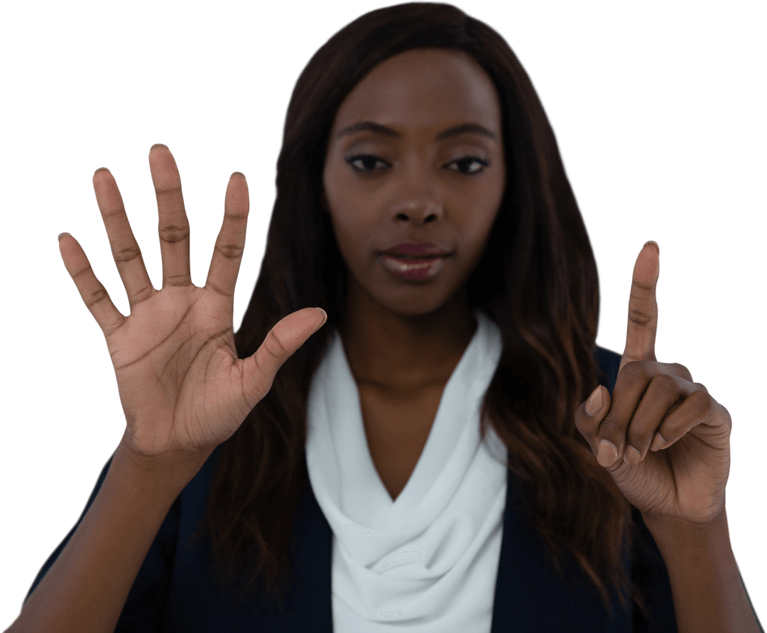 Businesswoman Demonstrating Transparent Virtual Interface Interaction