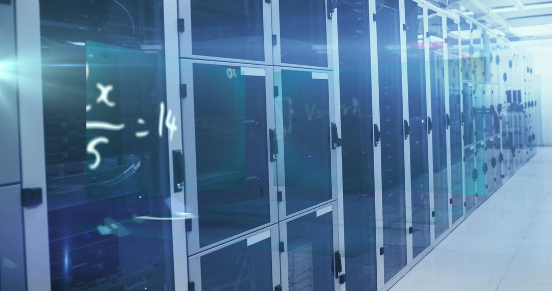 Server Cabinets in Data Center with Glowing Digital Overlay