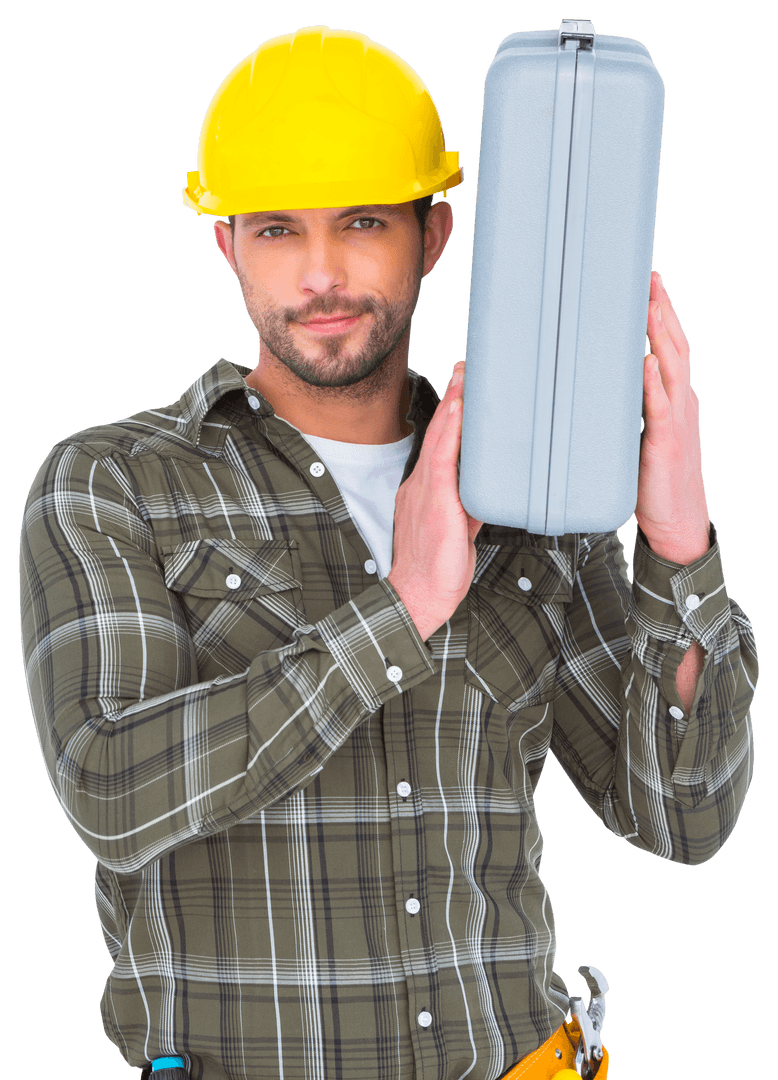 Caucasian Construction Worker Holding Toolbox Transparent Background