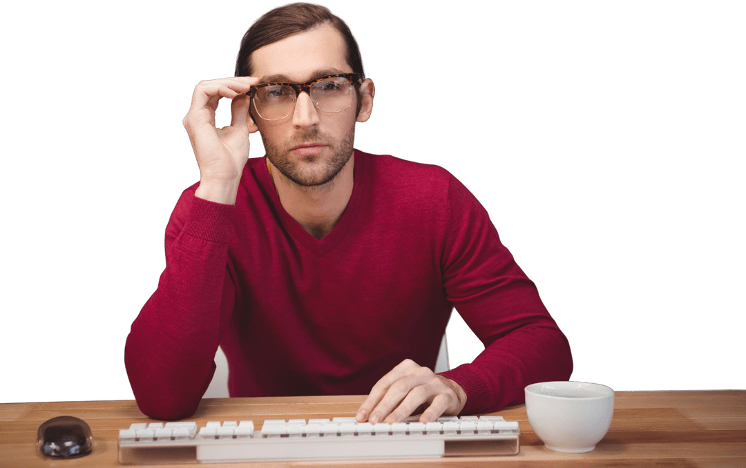 Transparent Confident Man with Glasses Sitting at Office Desk