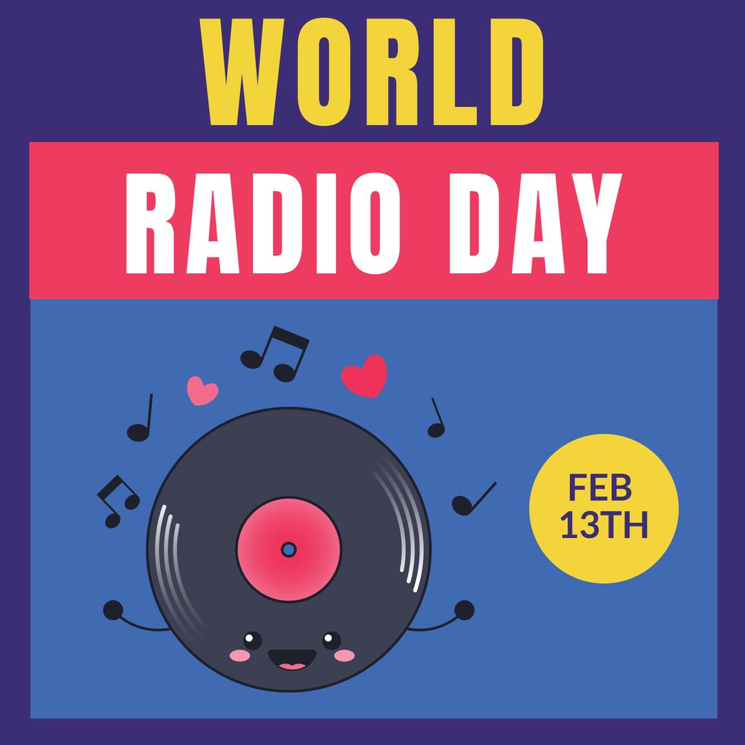 Cheerful Vinyl Record Celebrating World Radio Day with Music Notes