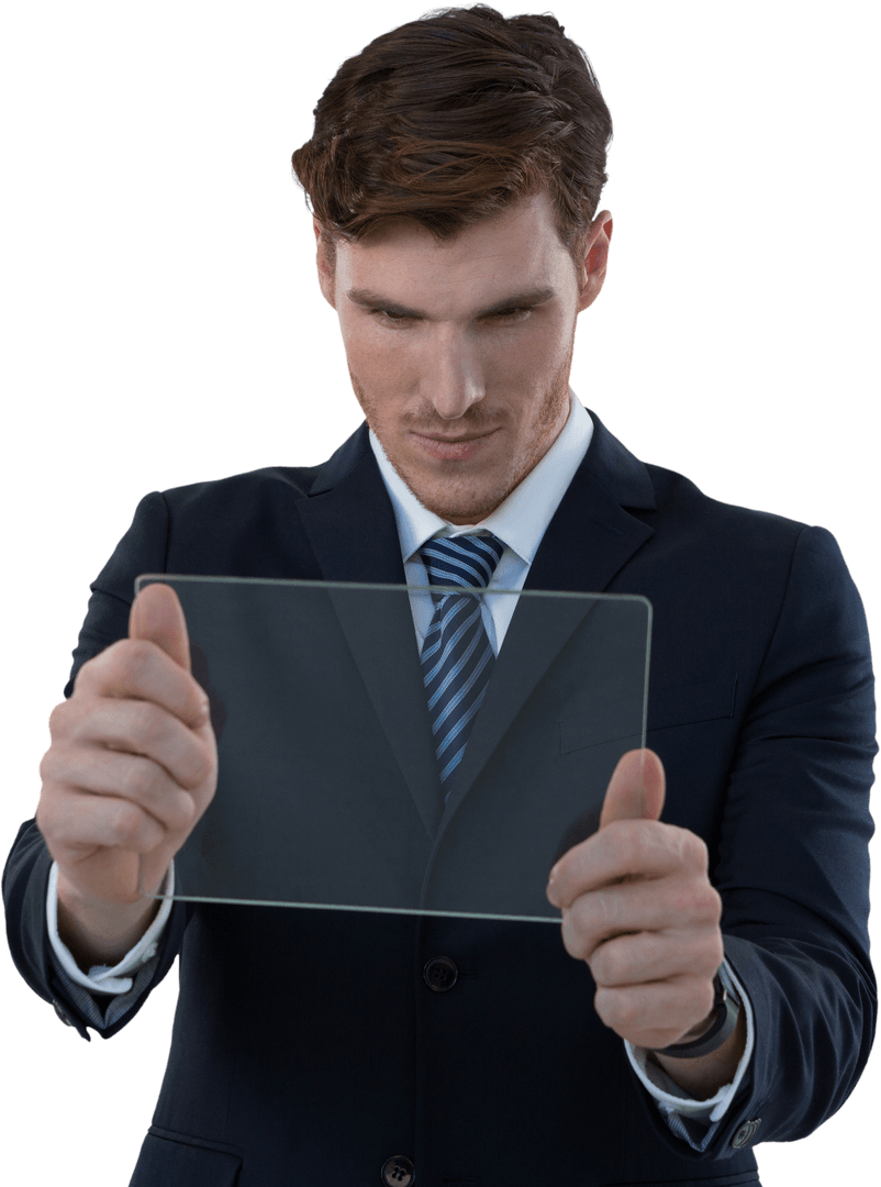 Businessman Engaged with Transparent Glass Tablet Technology