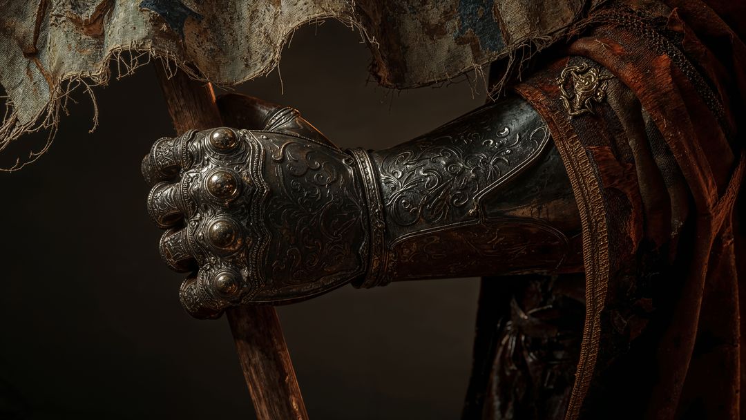 Medieval Gauntlet and Inscribed Vambrace Holding Banner