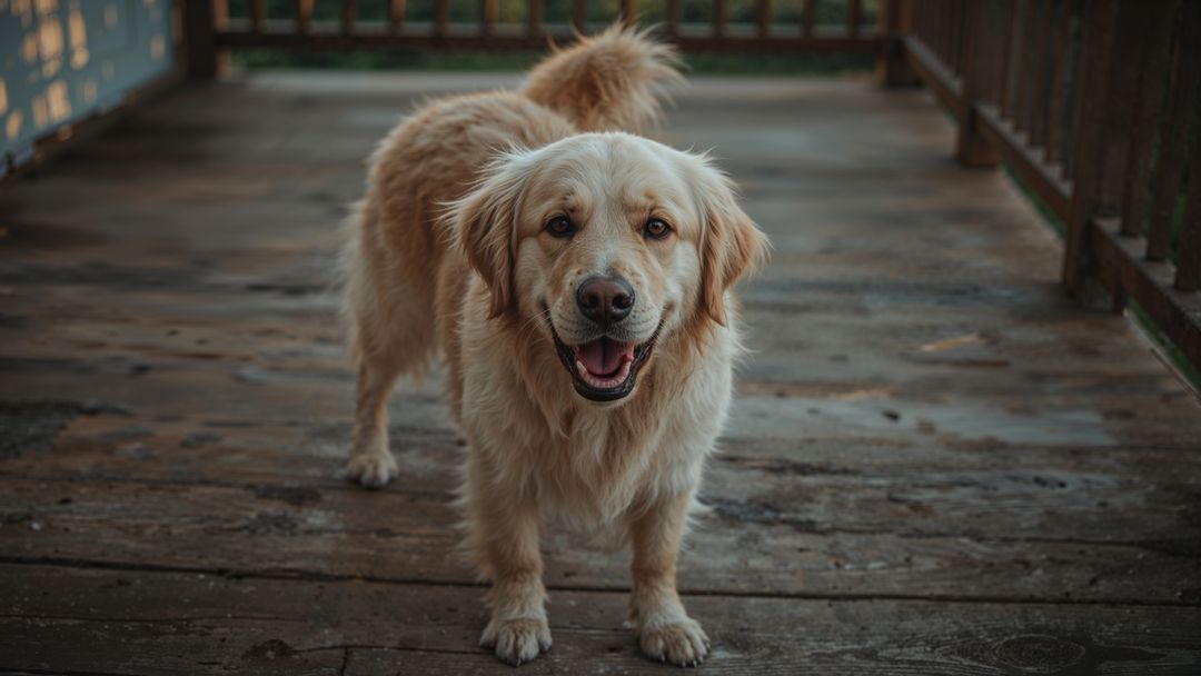 Smiling golden retriever barking dog on rustic wooden porch