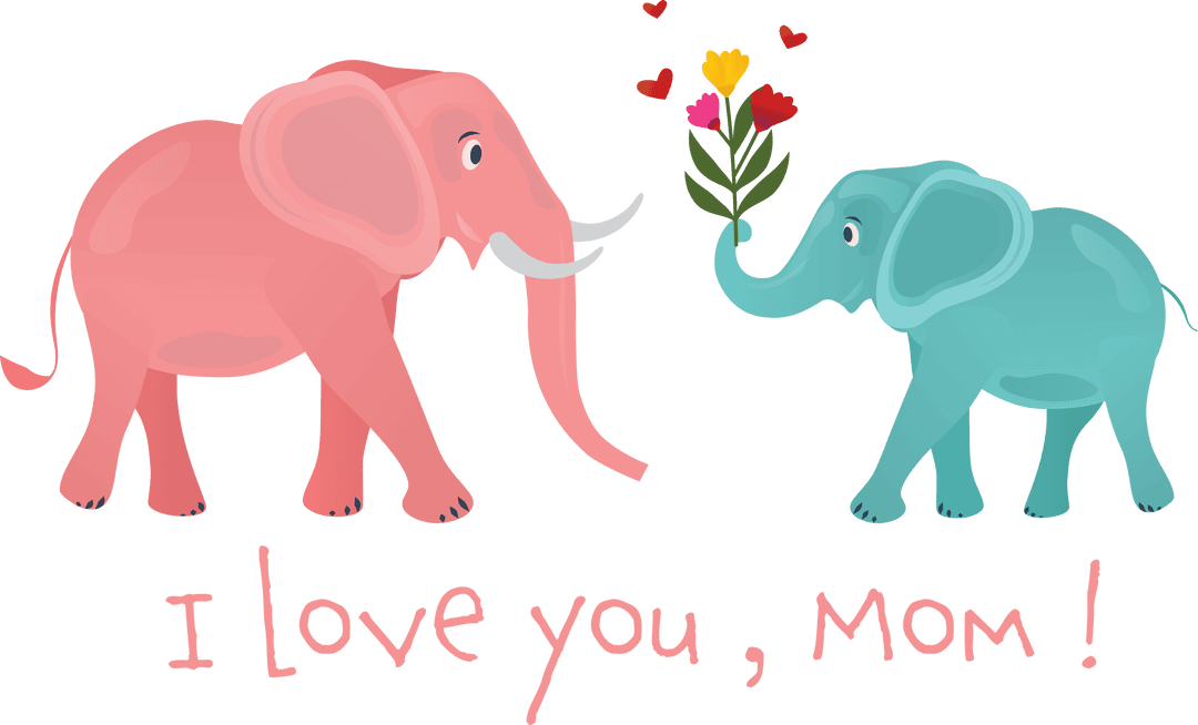 Colorful Elephant and I Love You Mom Text on Transparent Background
