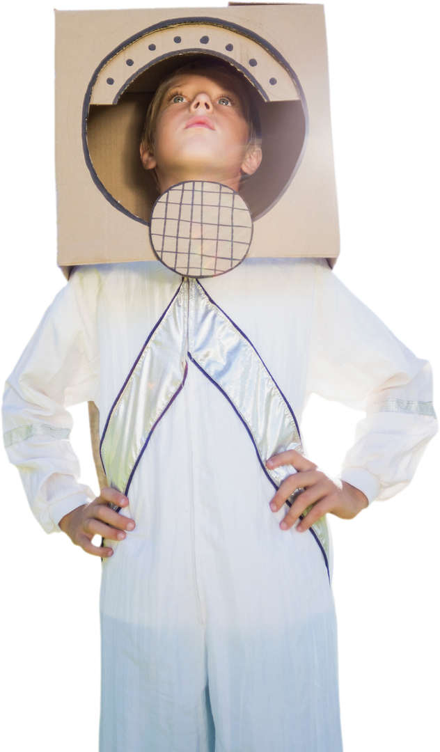 Transparent Imaginary Astronaut Kid in Homemade Space Costume with Cardboard Helmet - Download Free Stock Images Pikwizard.com