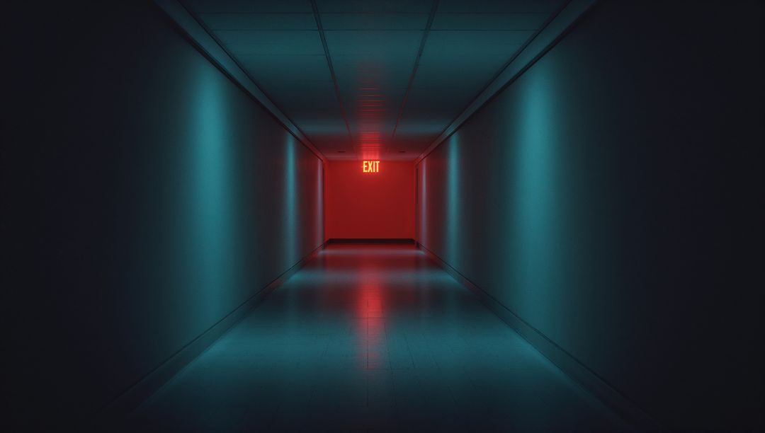 Futuristic Corridor with Red Exit Sign and Teal Lights