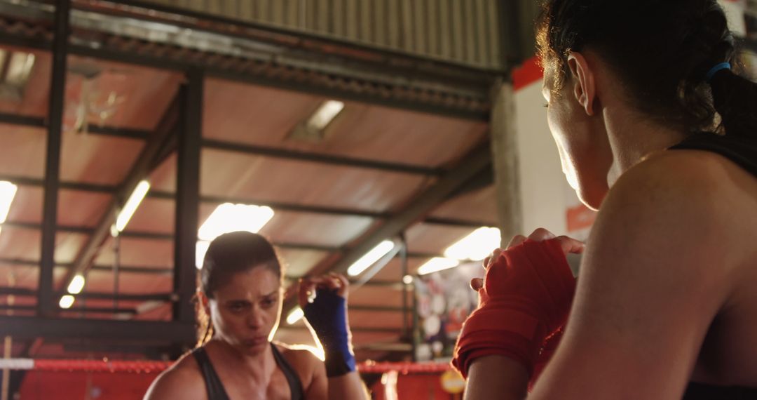 Two Female Boxers Sparring in Gym Ring with Focused Expressions - Free Images, Stock Photos and Pictures on Pikwizard.com