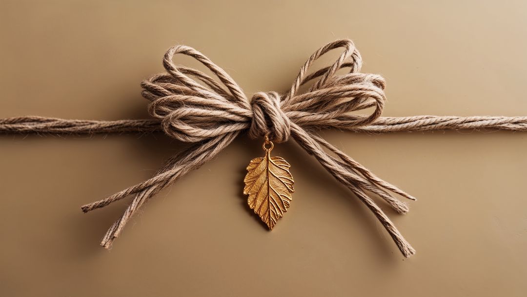 Elegant Twine Bow with Golden Leaf Pendant on Beige