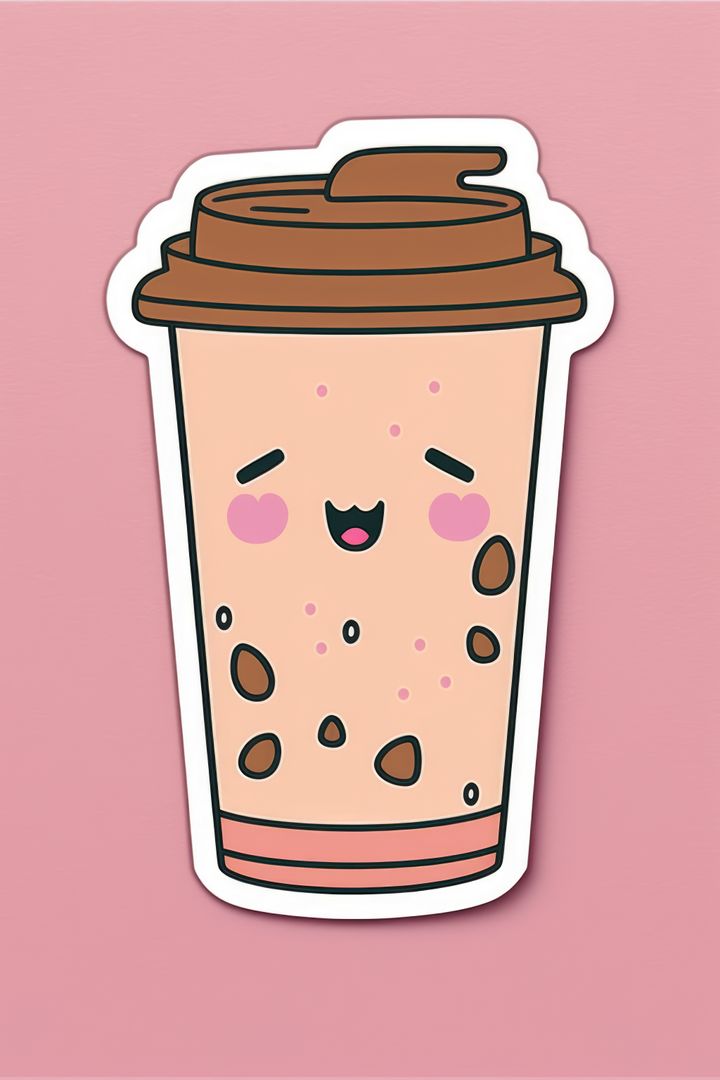 Composition of kawaii cartoon coffee sticker on pink background - Free Images, Stock Photos and Pictures on Pikwizard.com