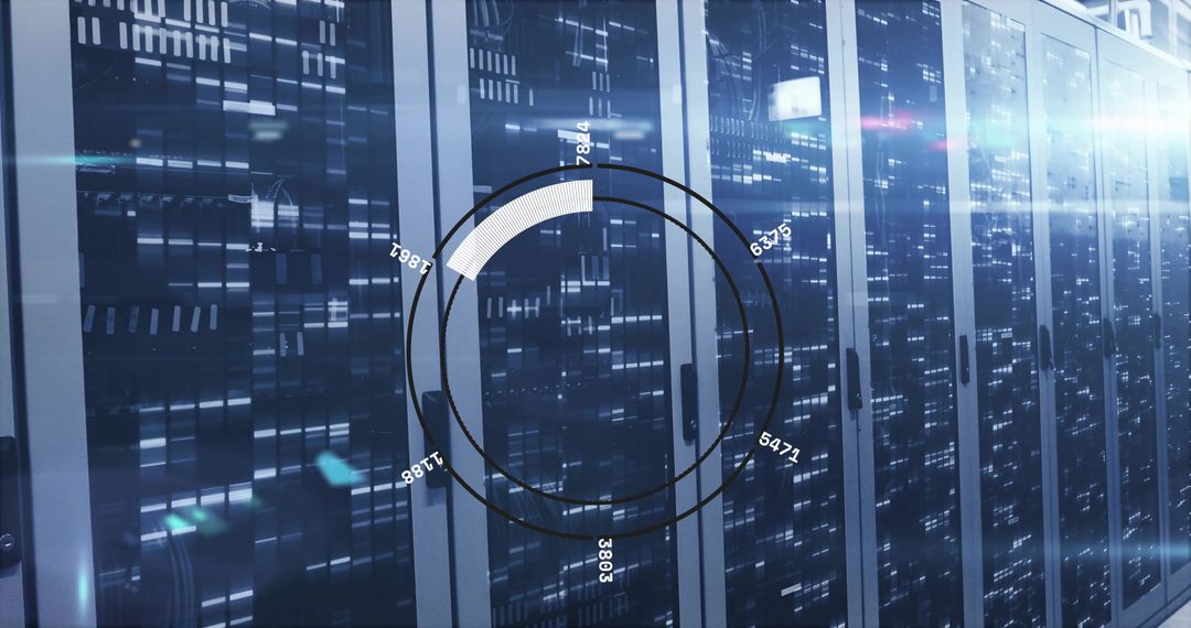 Modern Data Center with Holographic Overlay and Server Racks