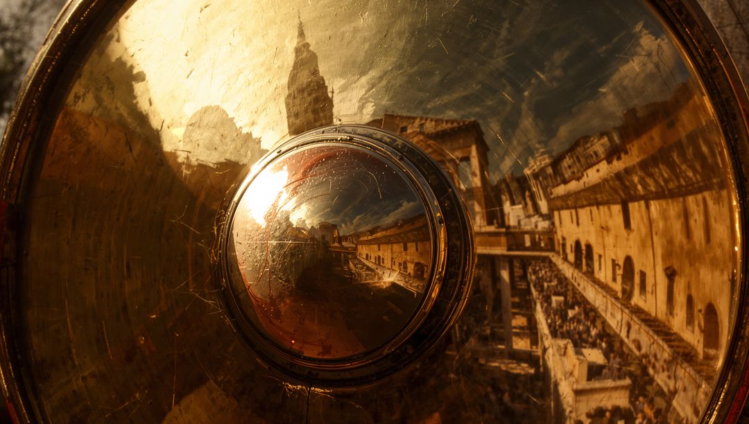 Brass Convex Dome Reflecting Historic European Plaza and Arched Architecture at Sunset