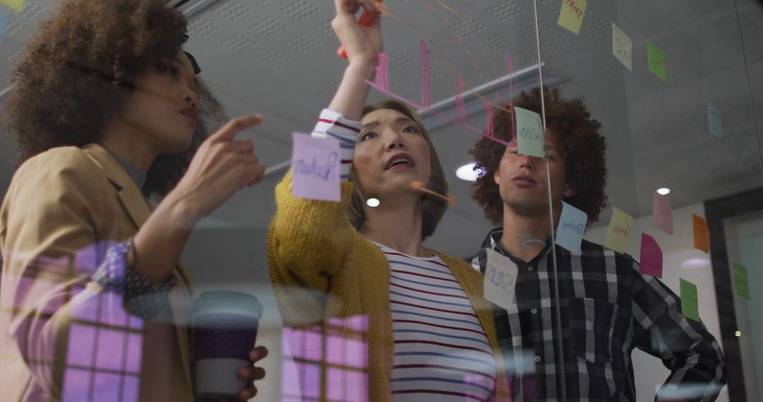 Collaborative Team Meeting with Glass Wall Brainstorming