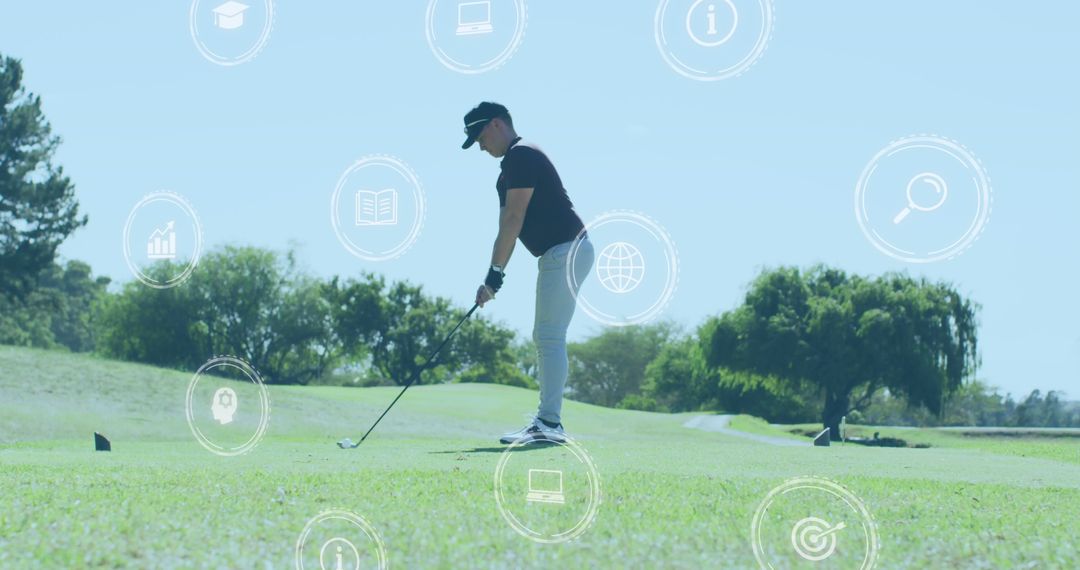 Golf Player Amidst Digital Interface with Business Icons